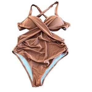 Brown Cross Front Cutout Monokini Swimsuit Woman Size Large